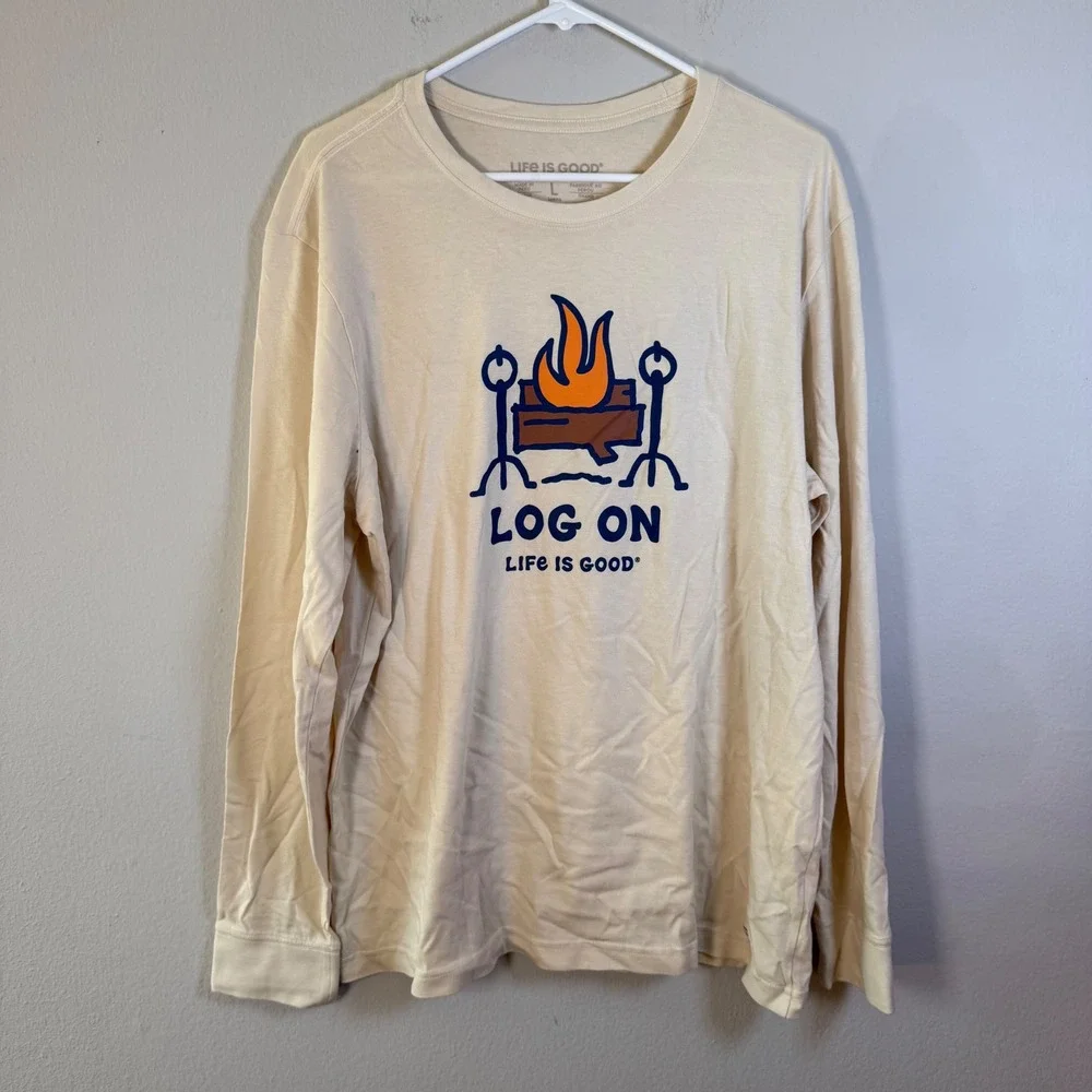 Life is Good Mens Log On Campfire Long Sleeve Crusher Tee Cream Large